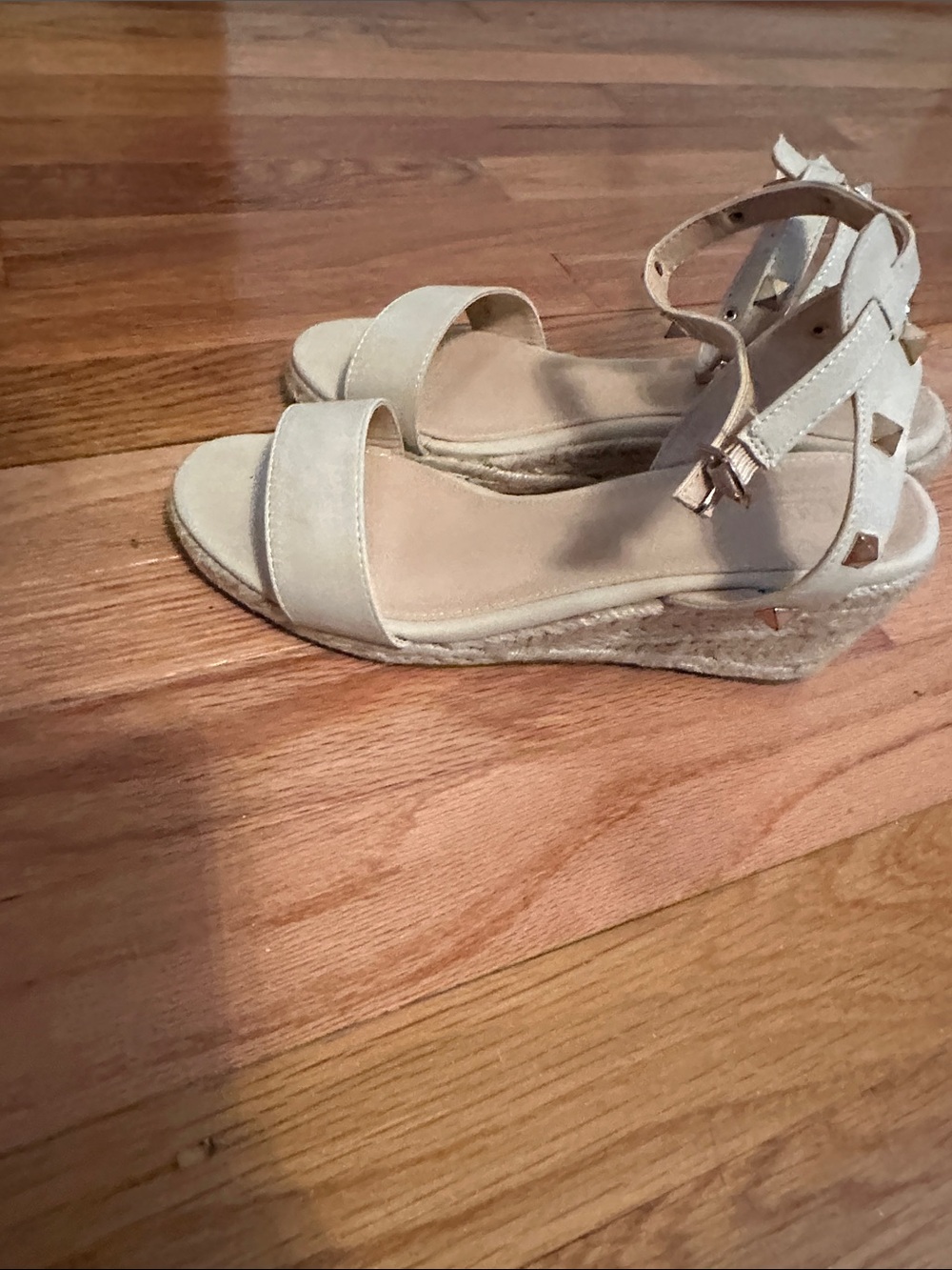 Catherine Malandrino Beige Studded Ankle-Strap Wedge Espadrilles